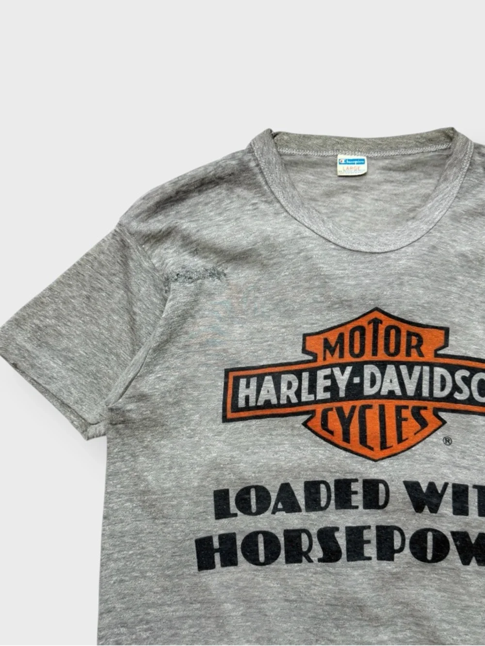 Vintage 70s Champion Blue Bar Harley Davidson Horsepower Shirt 2-Sided Stockton - Picture 3 of 9